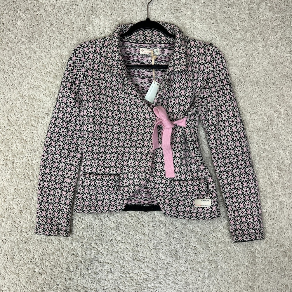 Odd Molly Floral Knit Jacket Womens Size 0 Pink Floral Feminine Tie Fitted NWT